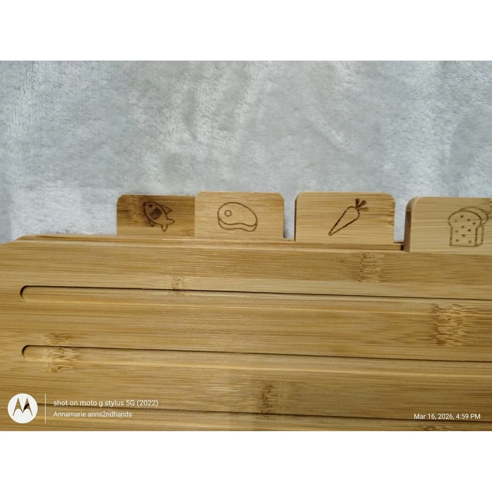 Papa Blue Labeled Bamboo Cutting Board Set of 4 with Stand Juice Groove Non-Slip